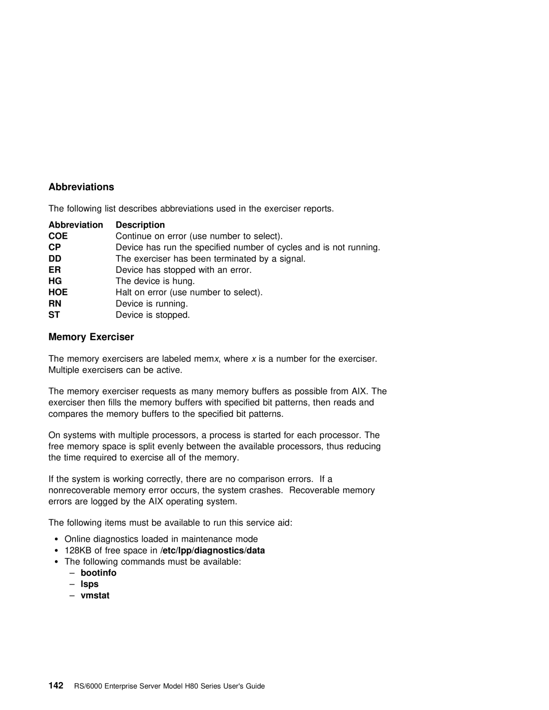 IBM H80 Series manual Abbreviations, Memory Exerciser, Space/etc/lpp/diagnostics/data, Bootinfo Lsps Vmstat 