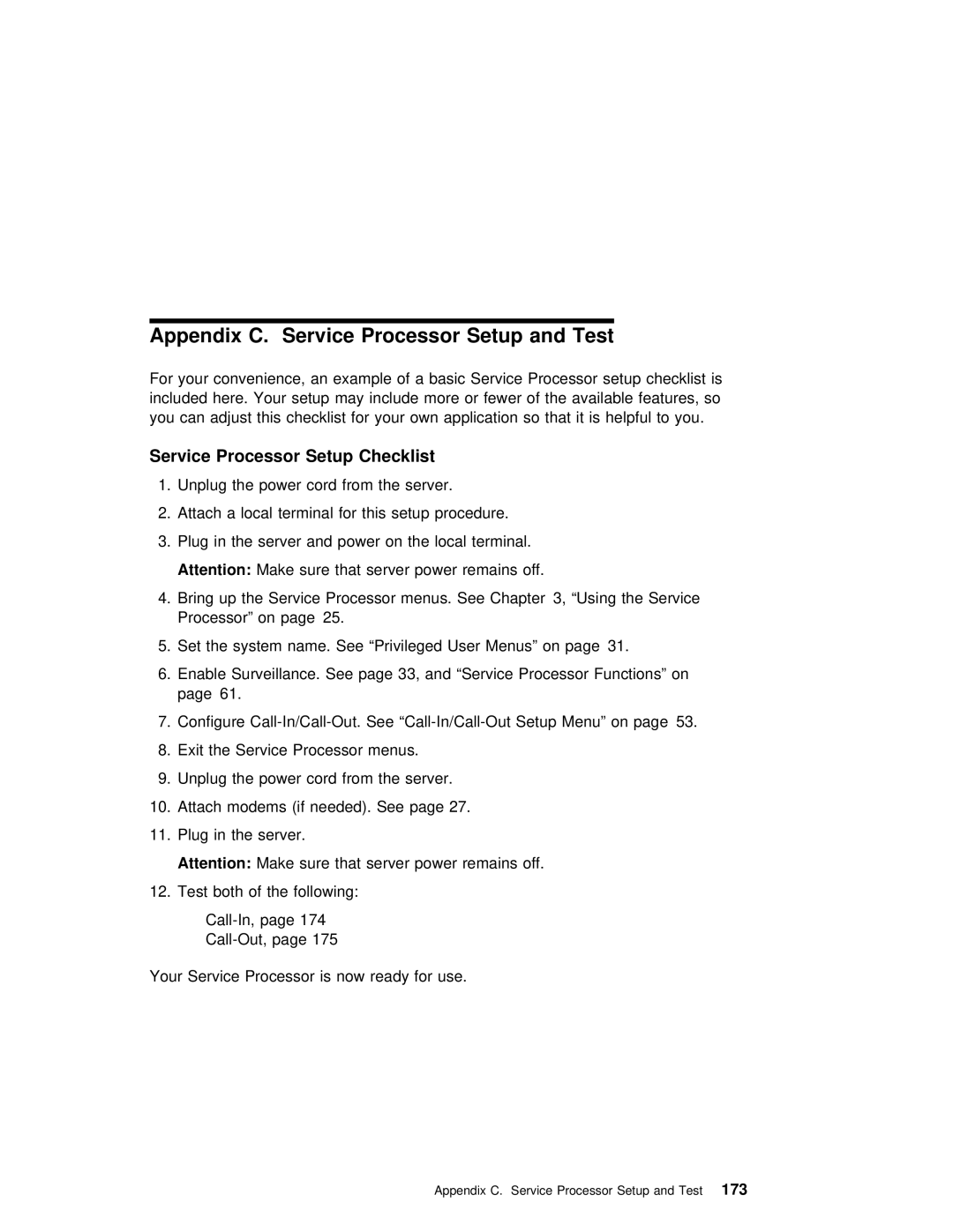 IBM H80 Series manual Test, Service Processor Setup Checklist, Appendix C. Service 