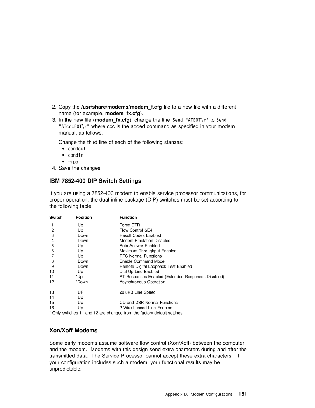 IBM H80 Series manual IBM 7852-400 DIP Switch Settings, Xon/Xoff Modems 