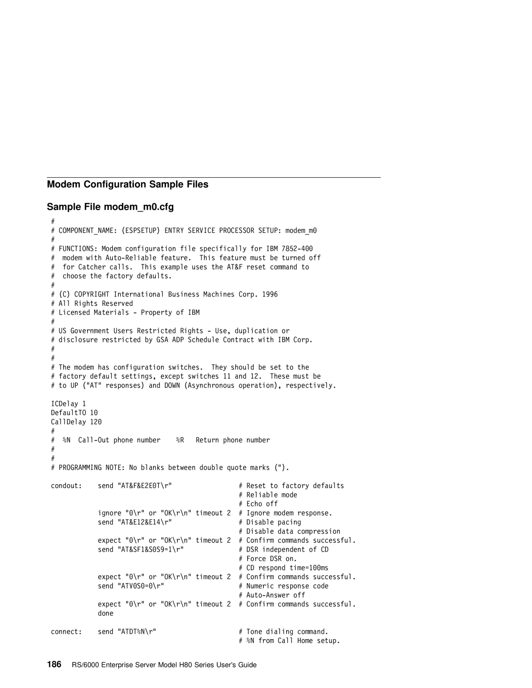 IBM H80 Series manual Modem Configuration Sample Files Sample File modemm0.cfg 