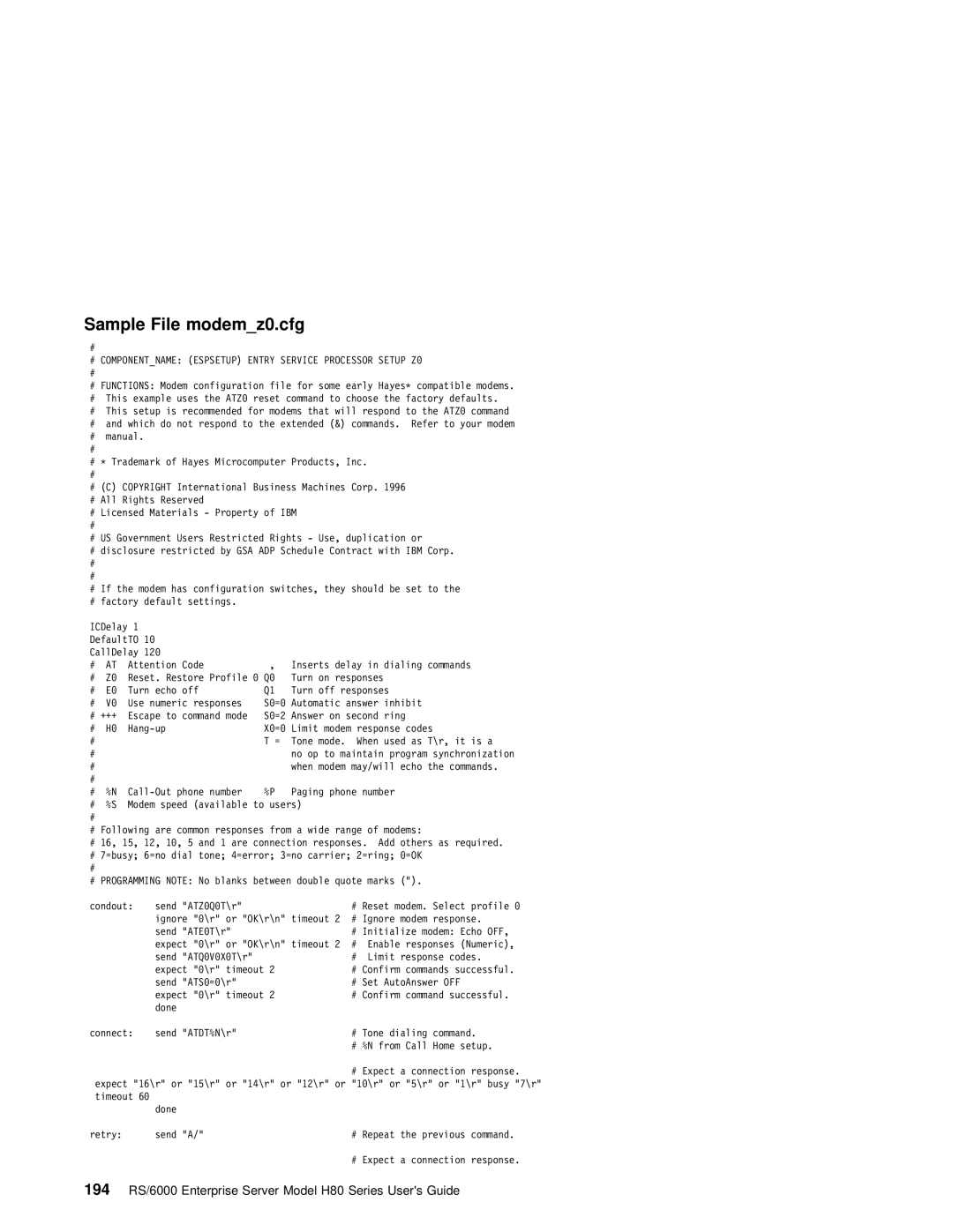 IBM manual Sample File modemz0.cfg, 194 RS/6000 Enterprise Server Model H80 Series Users Guide 