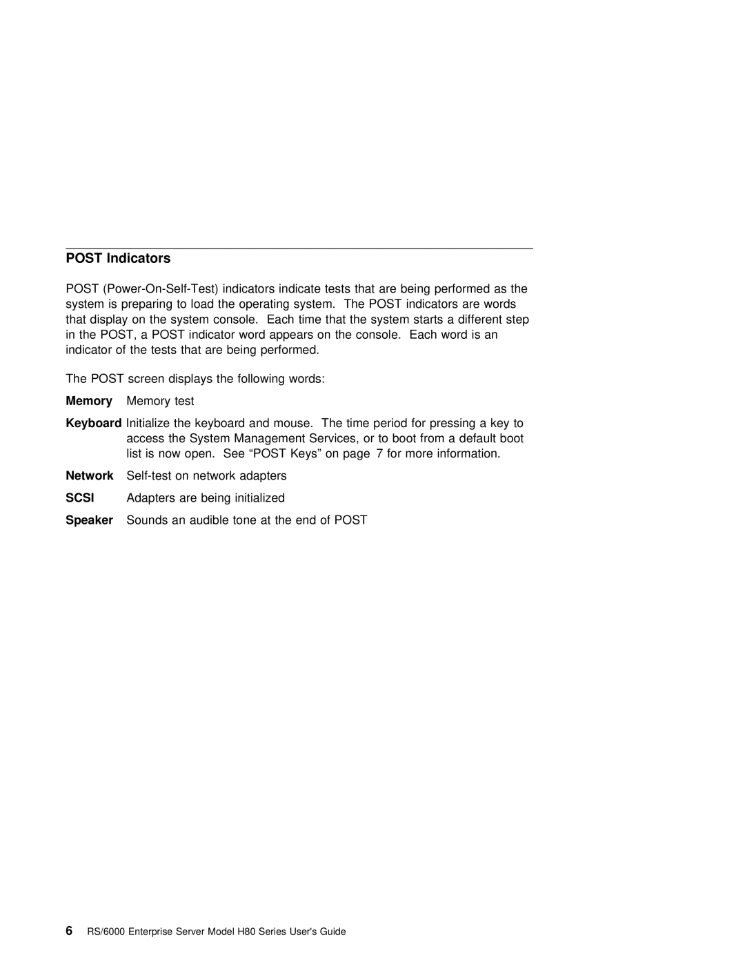 IBM H80 Series manual Post Indicators, Scsi 