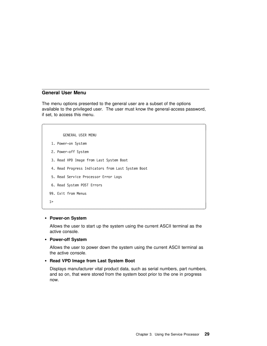 IBM H80 Series manual Power-on System, Power-off System, Read VPD Image from Last System Boot 