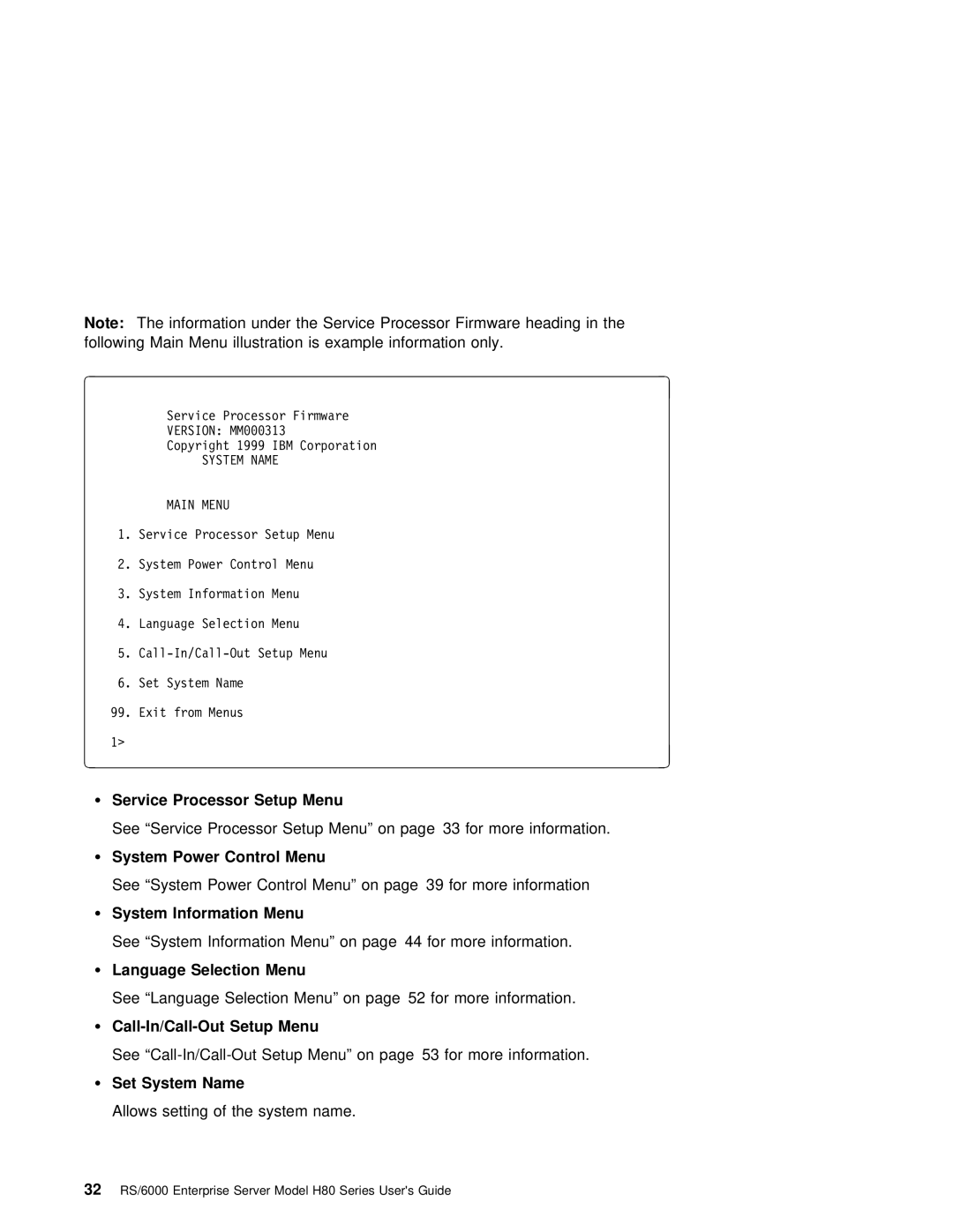 IBM H80 Series Service Processor Setup Menu, System Power Control Menu, System Information Menu, Language Selection Menu 