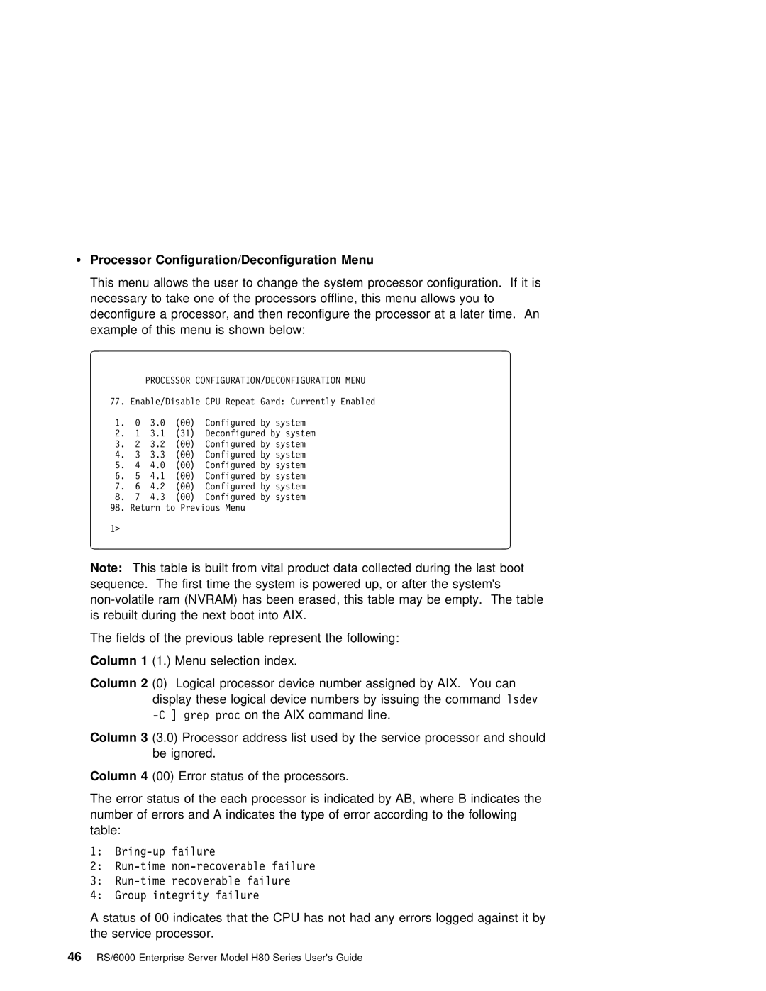 IBM H80 Series manual Processor Configuration/Deconfiguration Menu, Aix 