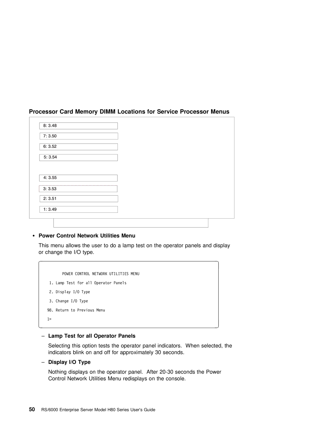 IBM H80 Series manual Power Control Network Utilities Menu, Lamp Test for all Operator Panels, Display I/O Type 