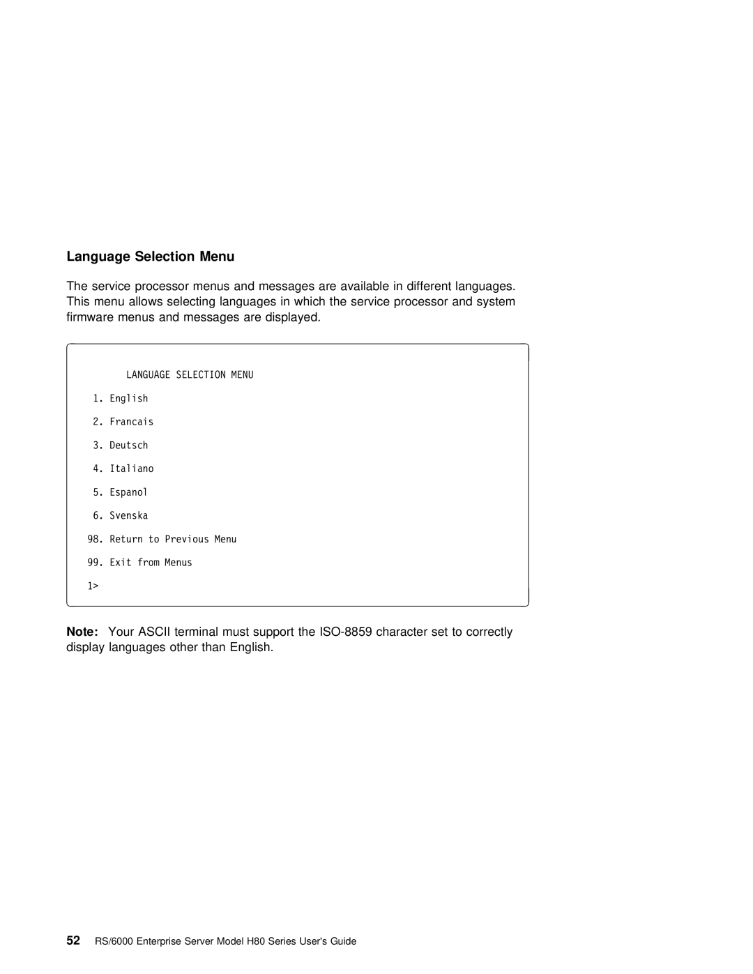 IBM H80 Series manual Language Selection Menu 