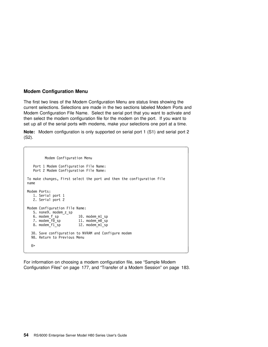 IBM H80 Series manual Configuration Files 177, and Transfer of a Modem Session on 