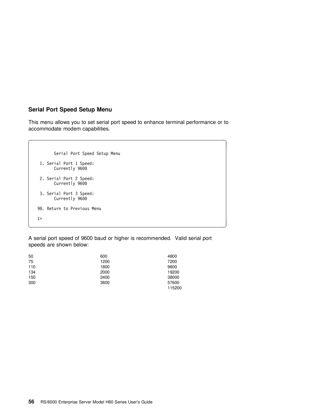 IBM H80 Series manual Serial Port Speed Setup Menu 