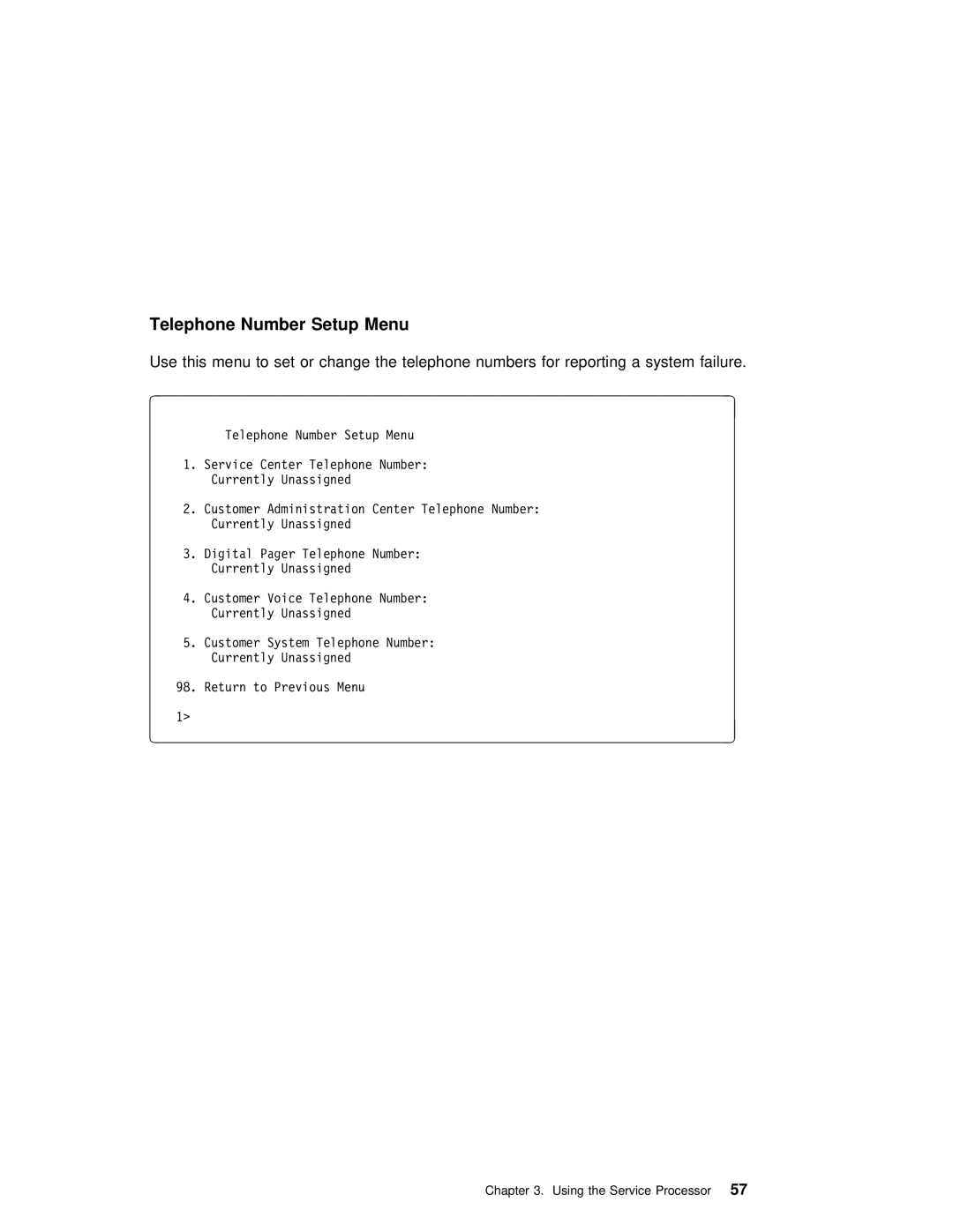 IBM H80 Series manual Telephone Number Setup Menu 