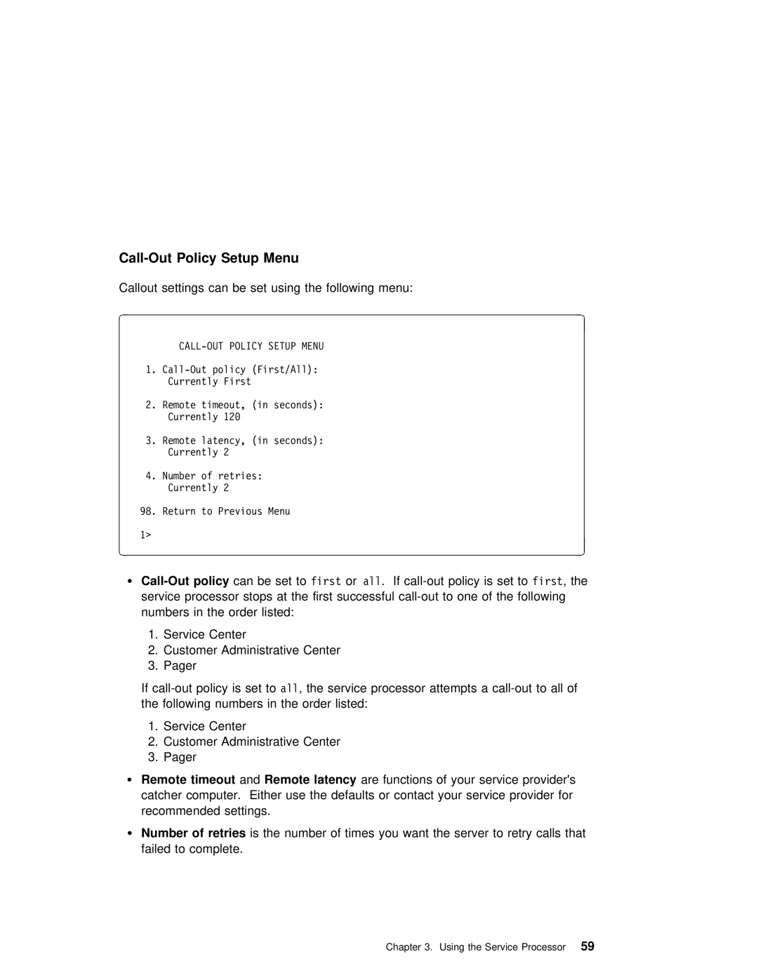 IBM H80 Series manual Call-Out Policy Setup Menu, Timeout AndRemote latency 