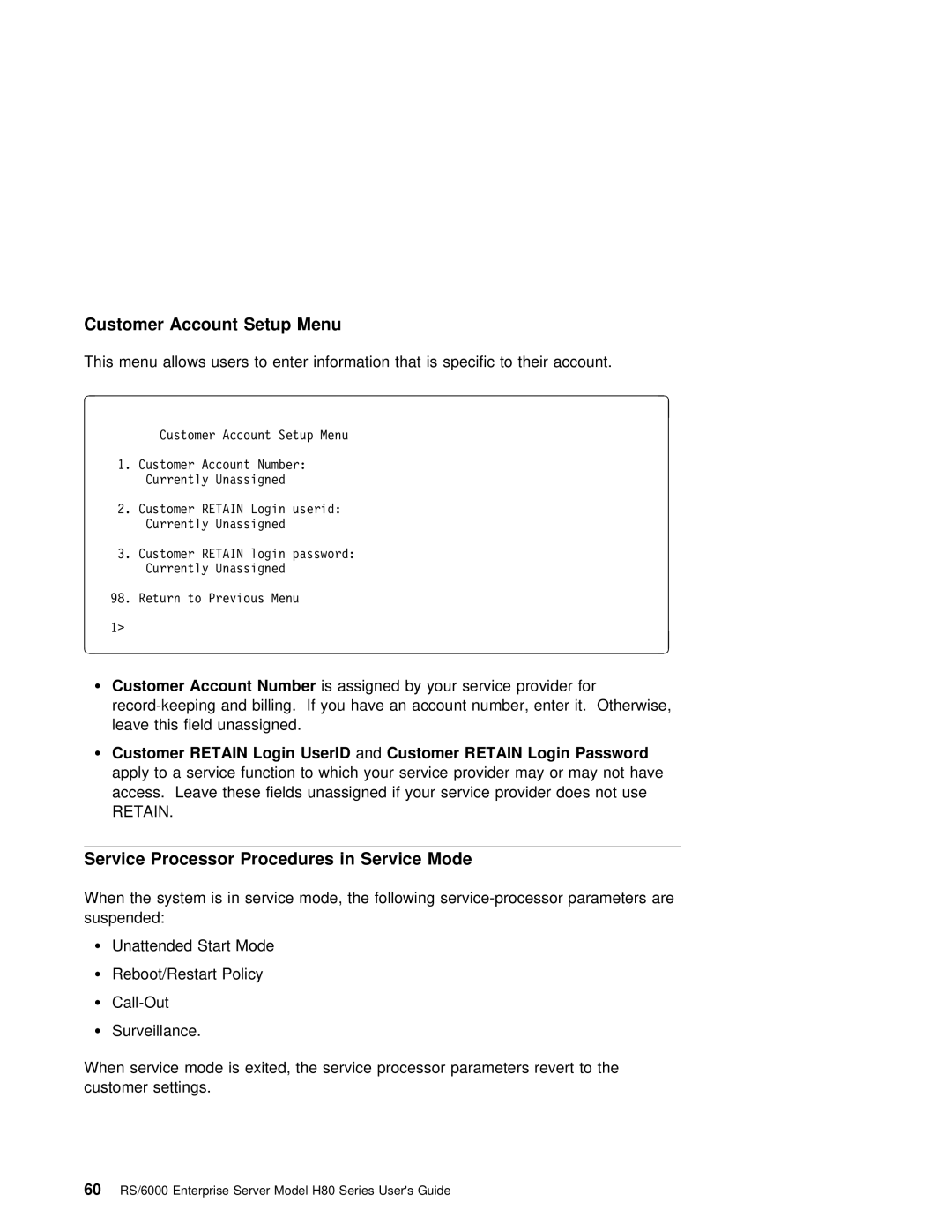 IBM H80 Series manual Customer Account Setup Menu, Service Processor Procedures in Service Mode, Number, Retain 