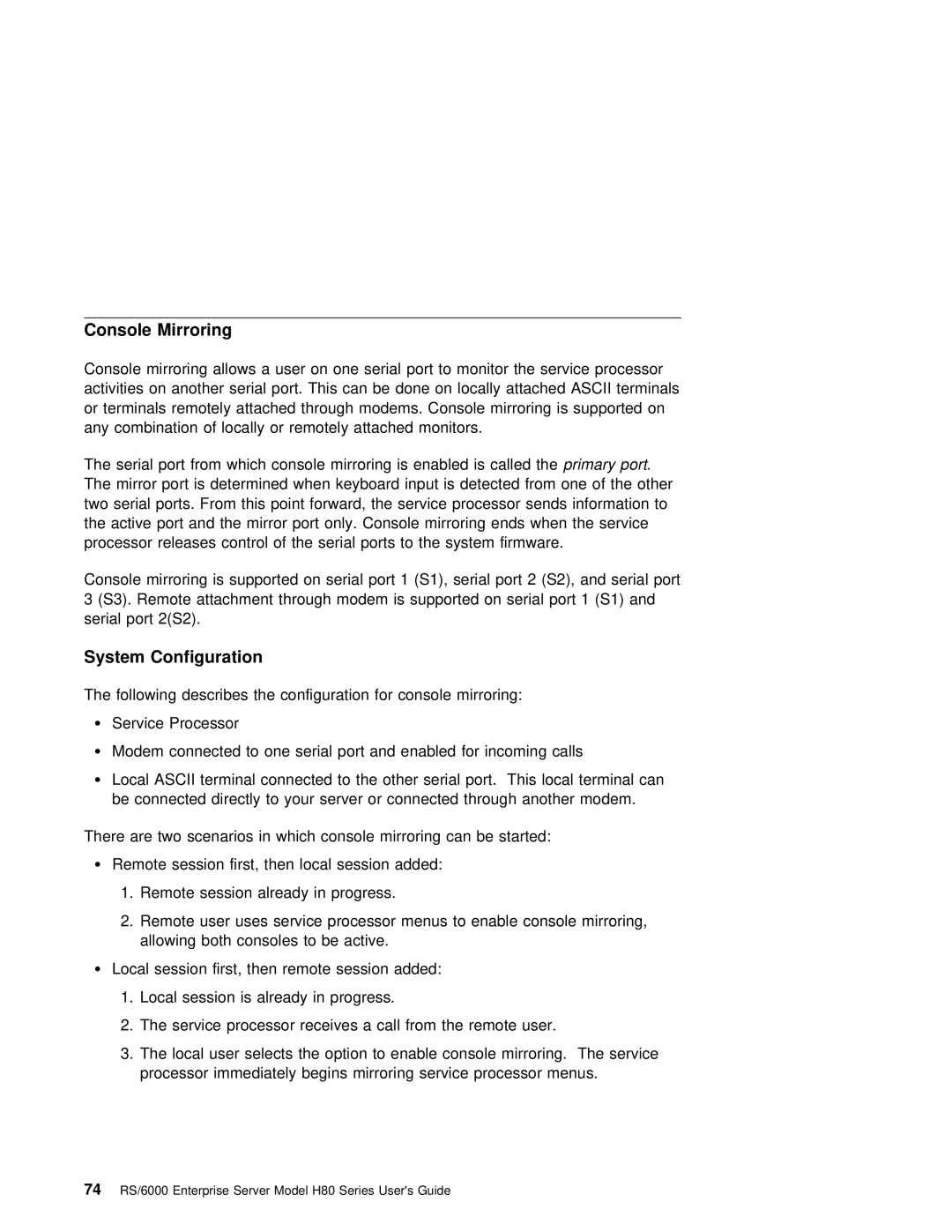 IBM H80 Series manual Console Mirroring, System Configuration 