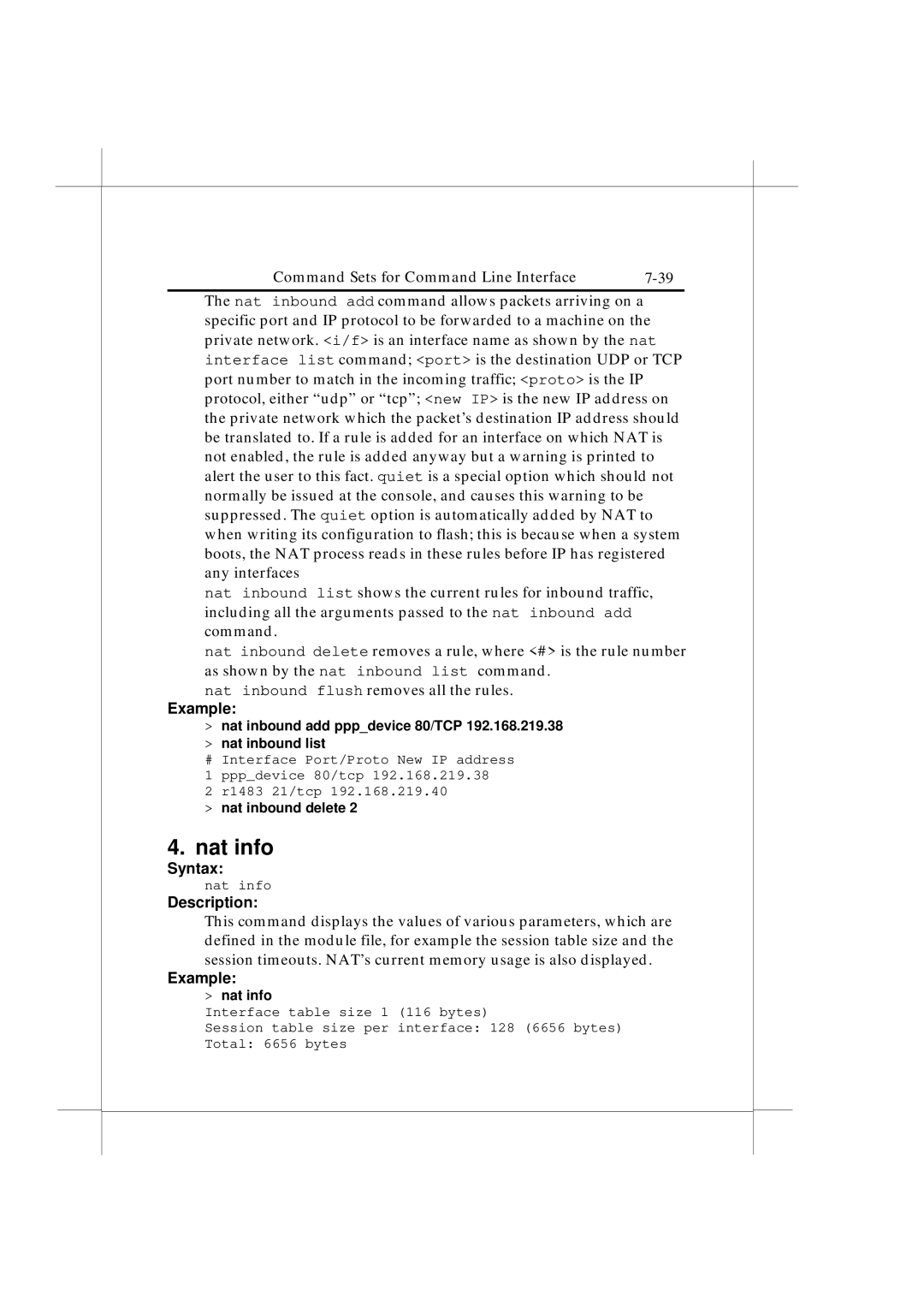 IBM Heritage user manual Nat info, Nat inbound add pppdevice 80/TCP Nat inbound list 