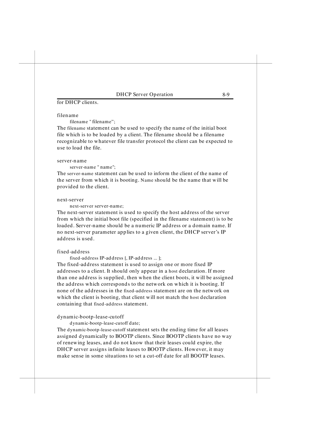 IBM Heritage user manual Filename, Server-name server-name name, Next-server, Fixed-address, Dynamic-bootp-lease-cutoff 