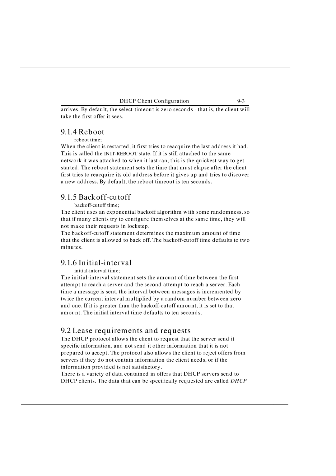 IBM Heritage user manual Reboot, Backoff-cutoff, Initial-interval, Lease requirements and requests 