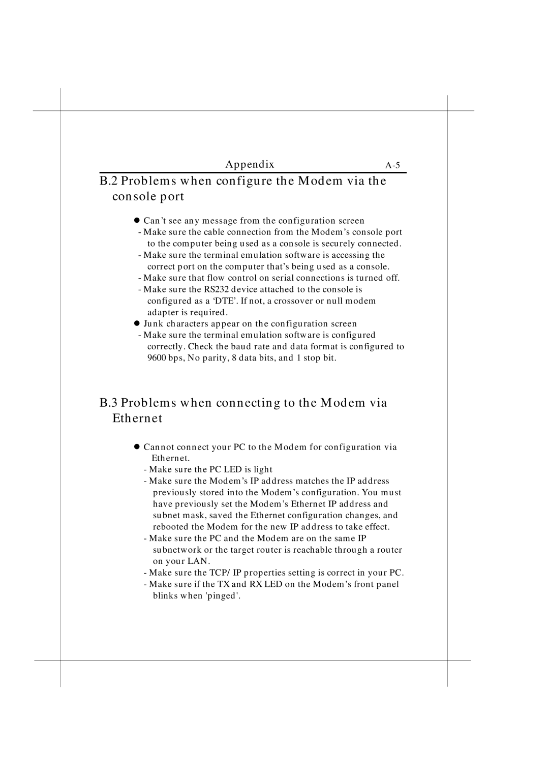 IBM Heritage Problems when configure the Modem via the console port, Problems when connecting to the Modem via Ethernet 