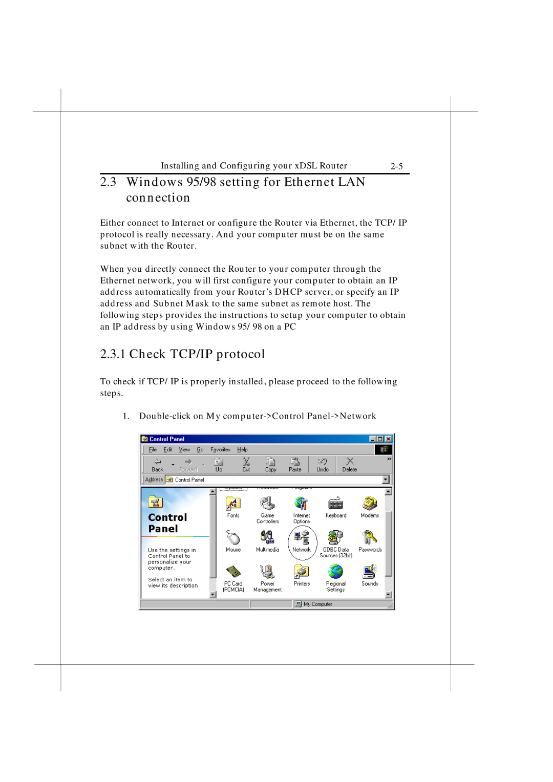 IBM Heritage user manual Windows 95/98 setting for Ethernet LAN connection, Check TCP/IP protocol 