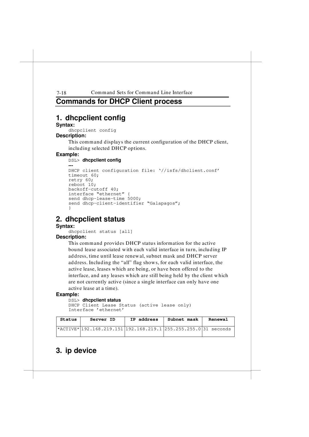 IBM Heritage user manual Commands for Dhcp Client process Dhcpclient config, Dhcpclient status, Ip device 