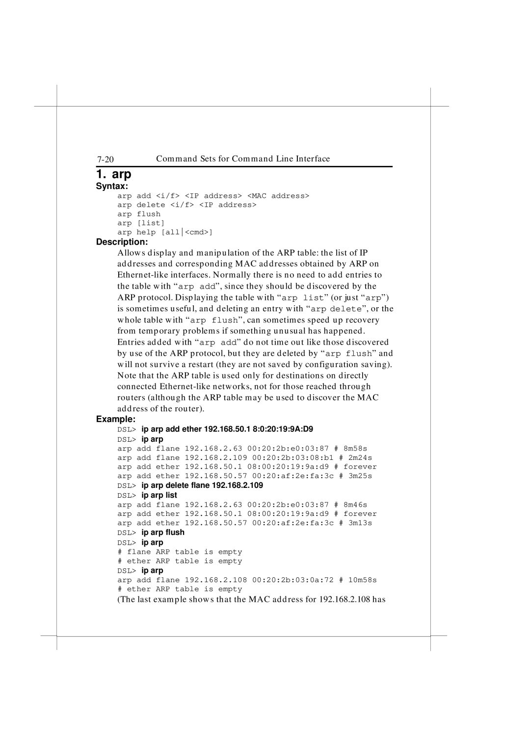 IBM Heritage user manual Arp, DSL ip arp add ether 192.168.50.1 8020199AD9 