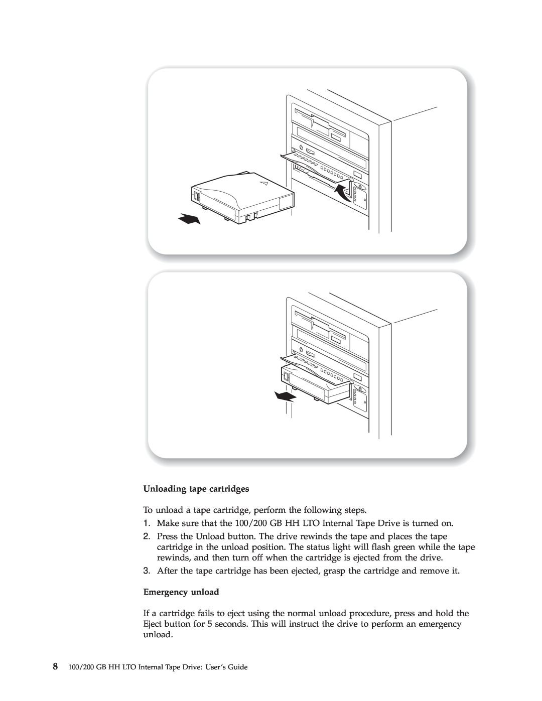 IBM HH LTO manual Unloading tape cartridges, Emergency unload 