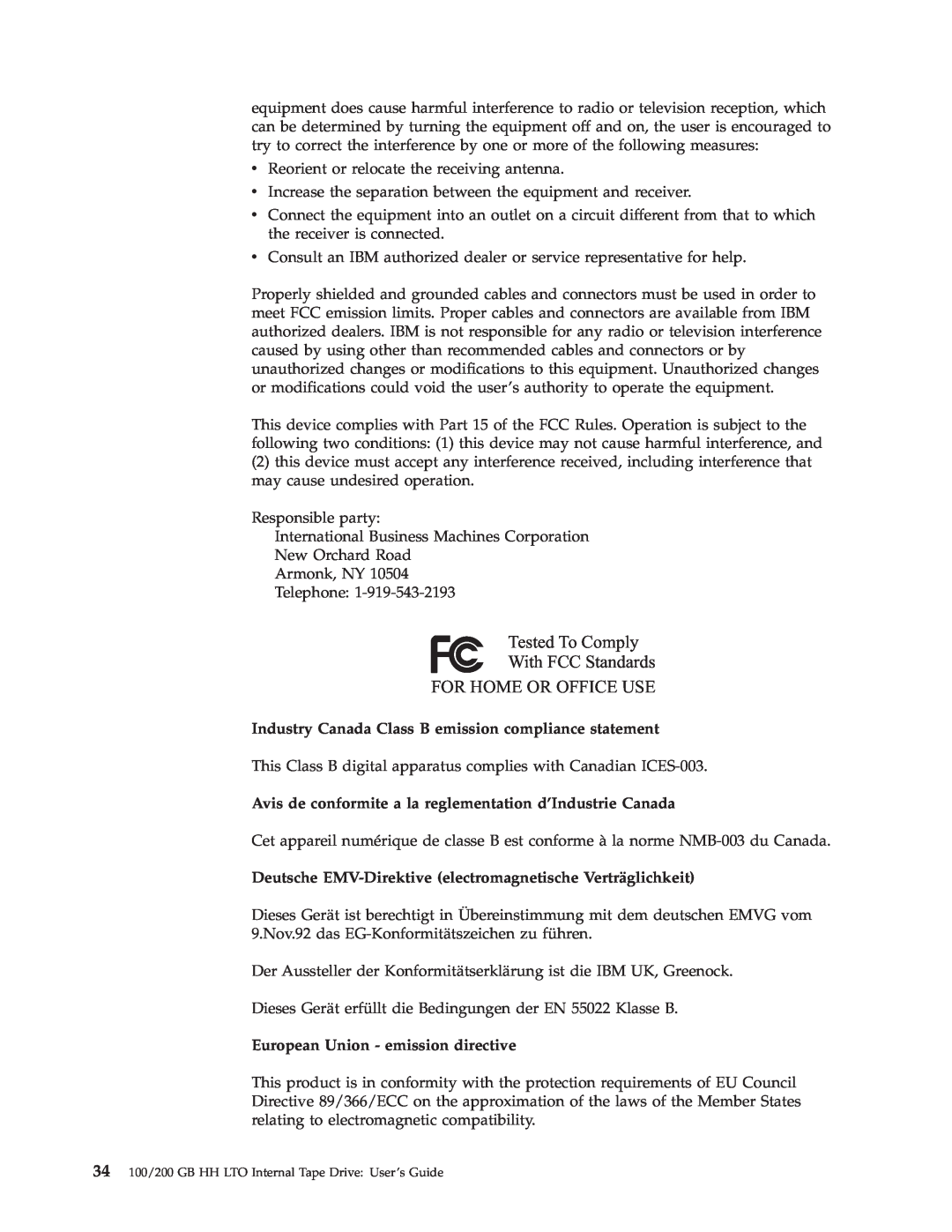 IBM HH LTO manual Industry Canada Class B emission compliance statement, European Union - emission directive 