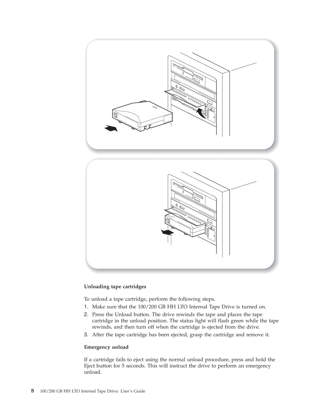 IBM HH LTO manual Unloading tape cartridges, Emergency unload 