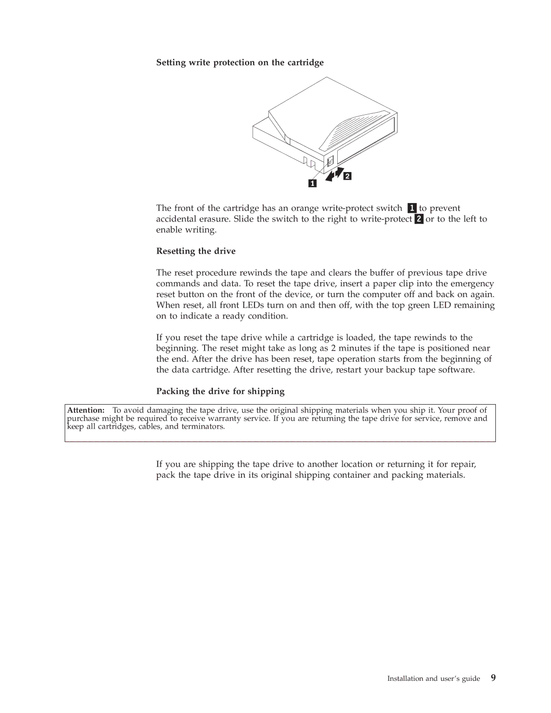 IBM HH LTO manual Setting write protection on the cartridge, Resetting the drive, Packing the drive for shipping 