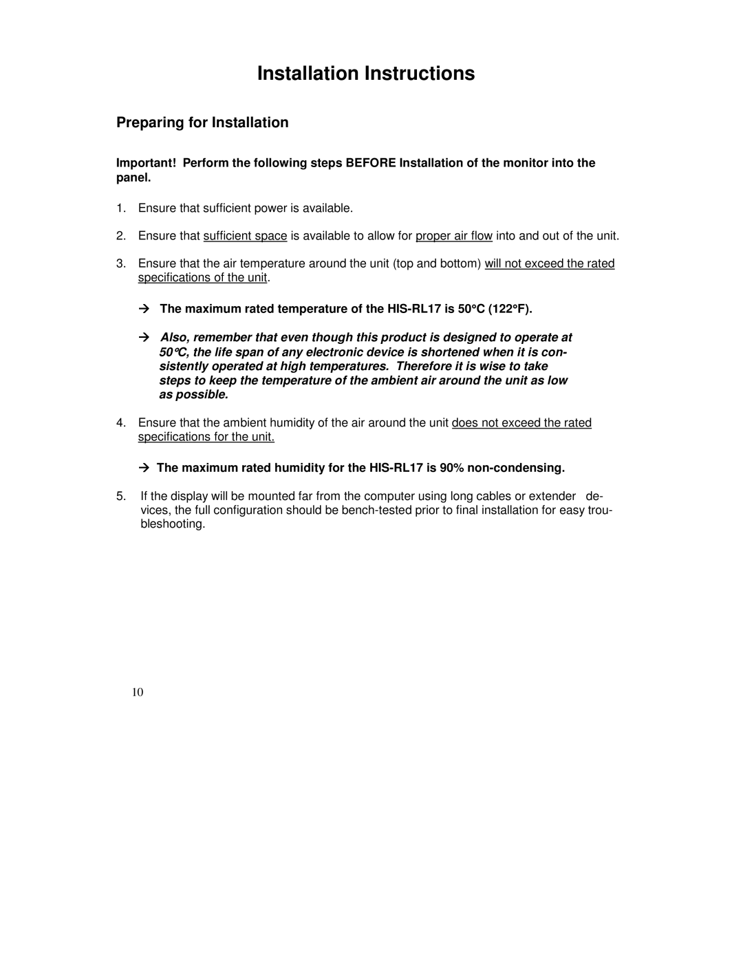 IBM Installation Instructions, Preparing for Installation, Maximum rated temperature of the HIS-RL17 is 50C 122F 