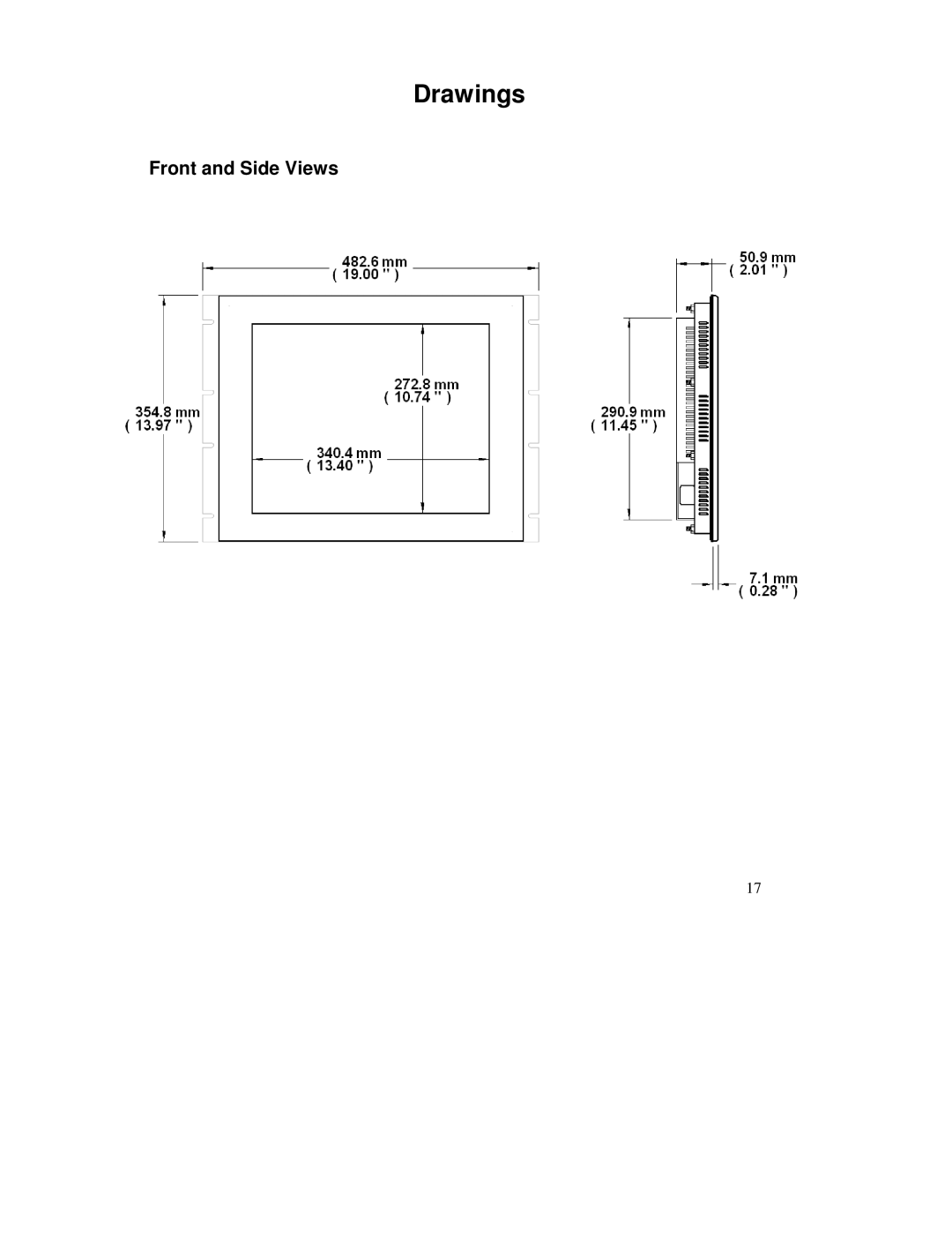 IBM HIS-RL17 user manual Drawings, Front and Side Views 