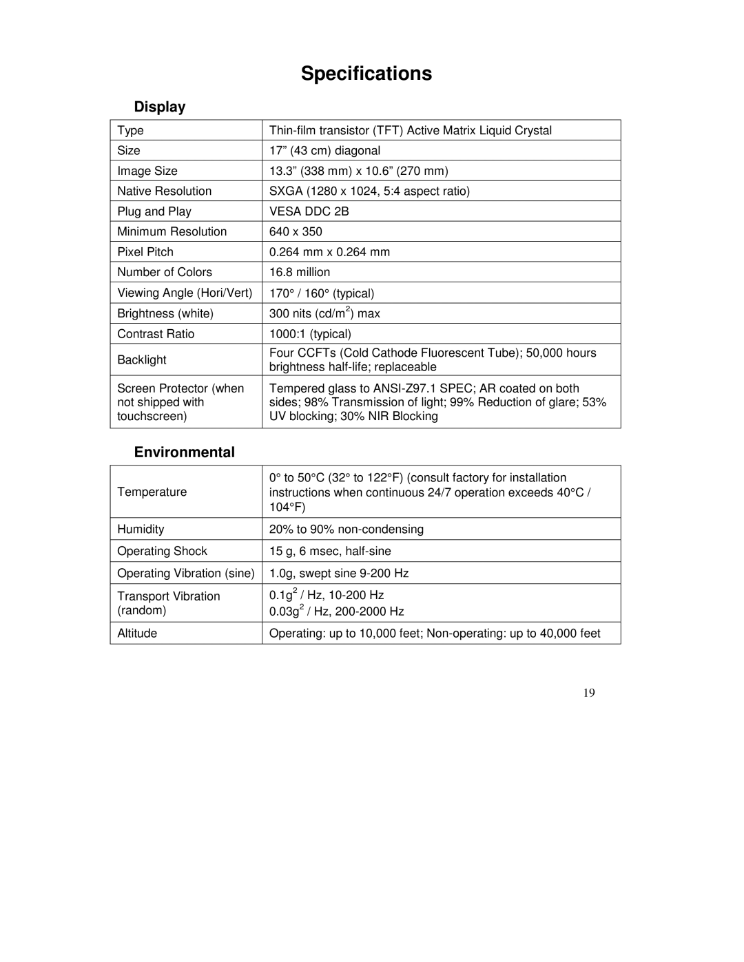 IBM HIS-RL17 user manual Specifications, Display, Environmental 