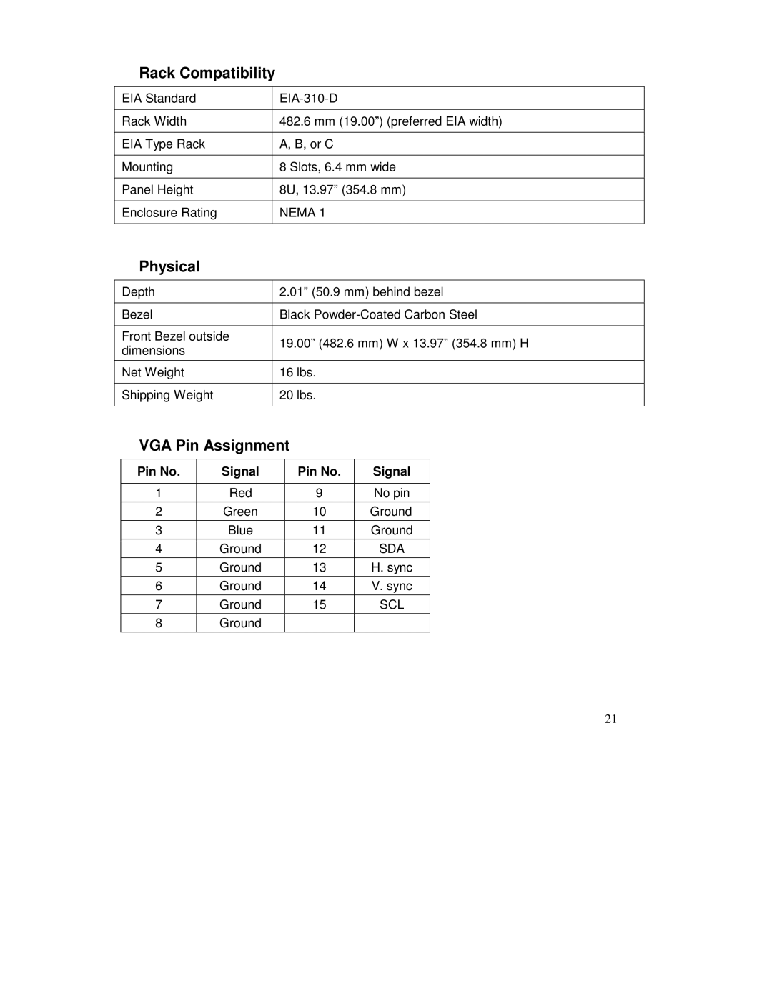 IBM HIS-RL17 user manual Rack Compatibility, Physical, VGA Pin Assignment, Pin No Signal 