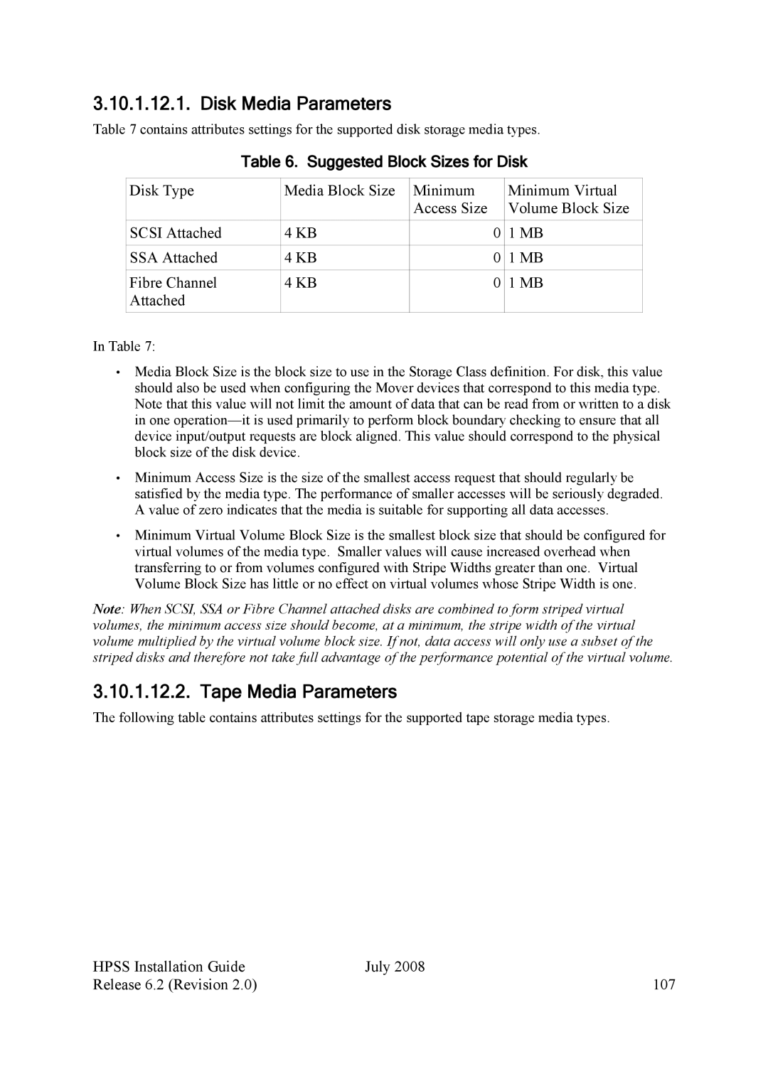 IBM HPSS manual Disk Media Parameters, Tape Media Parameters, Suggested Block Sizes for Disk 