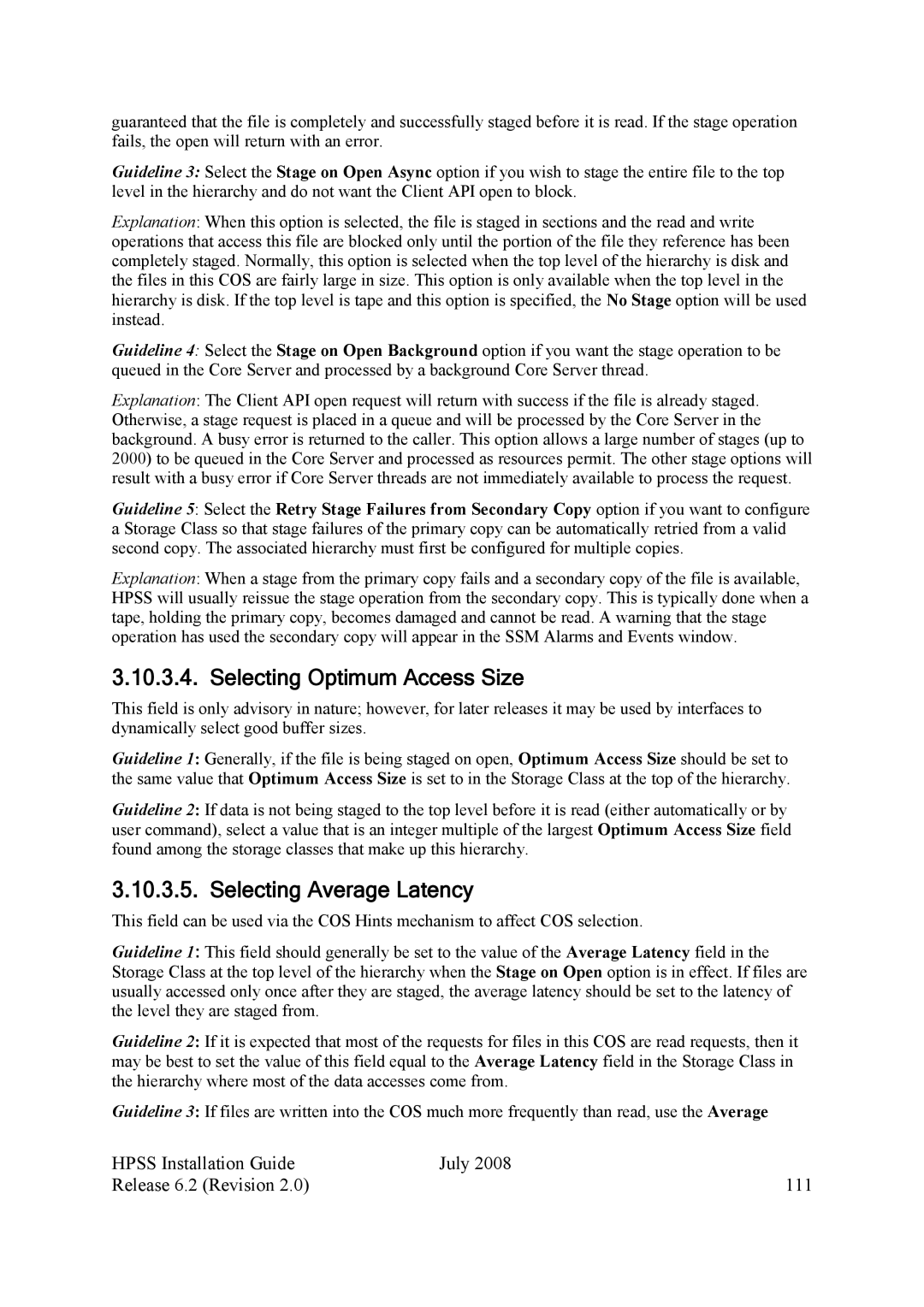 IBM HPSS Selecting Optimum Access Size, Selecting Average Latency, Hpss Installation Guide July Release 6.2 Revision 111 