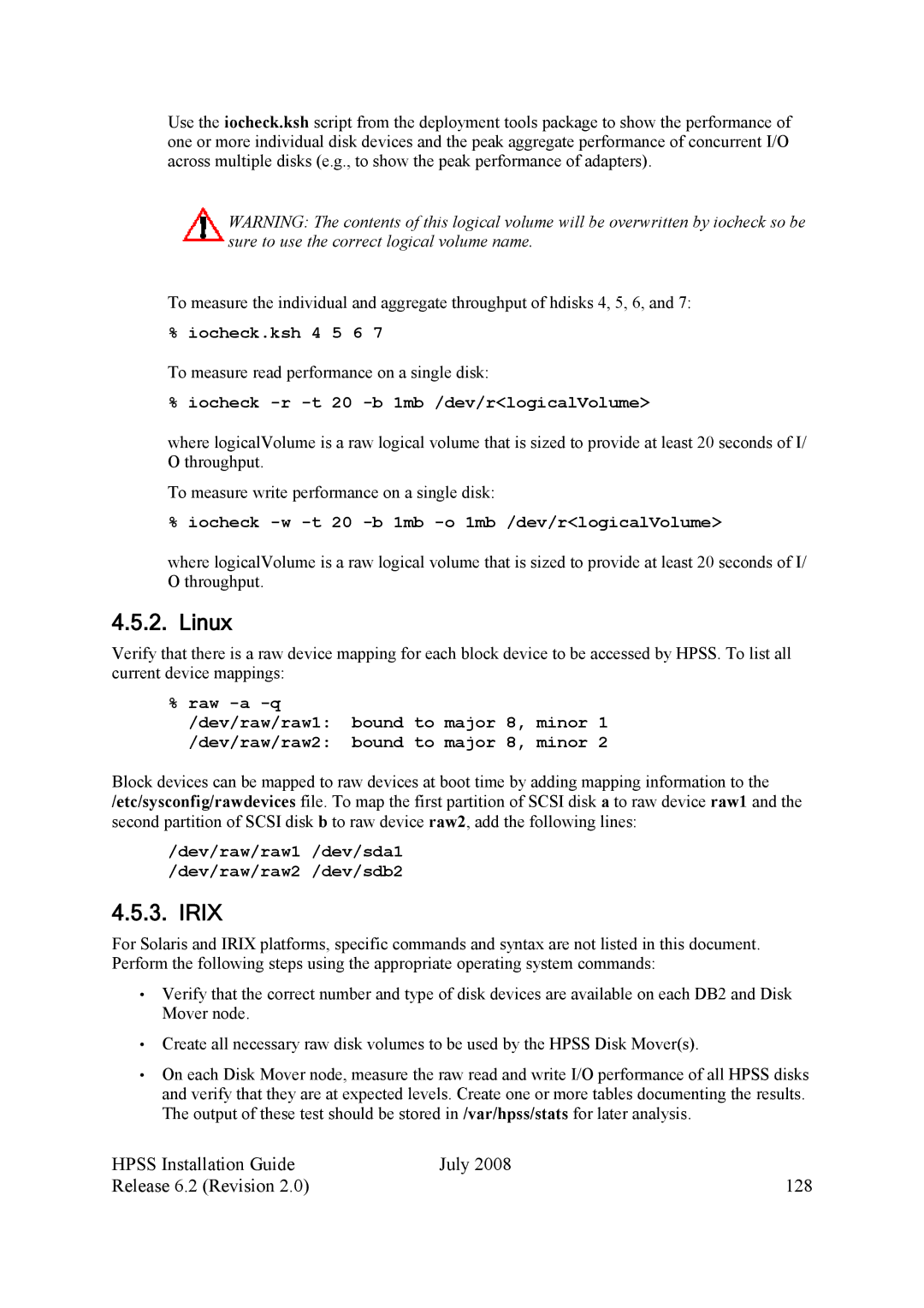 IBM HPSS manual Hpss Installation Guide July Release 6.2 Revision 128, Iocheck.ksh 4 5 6 