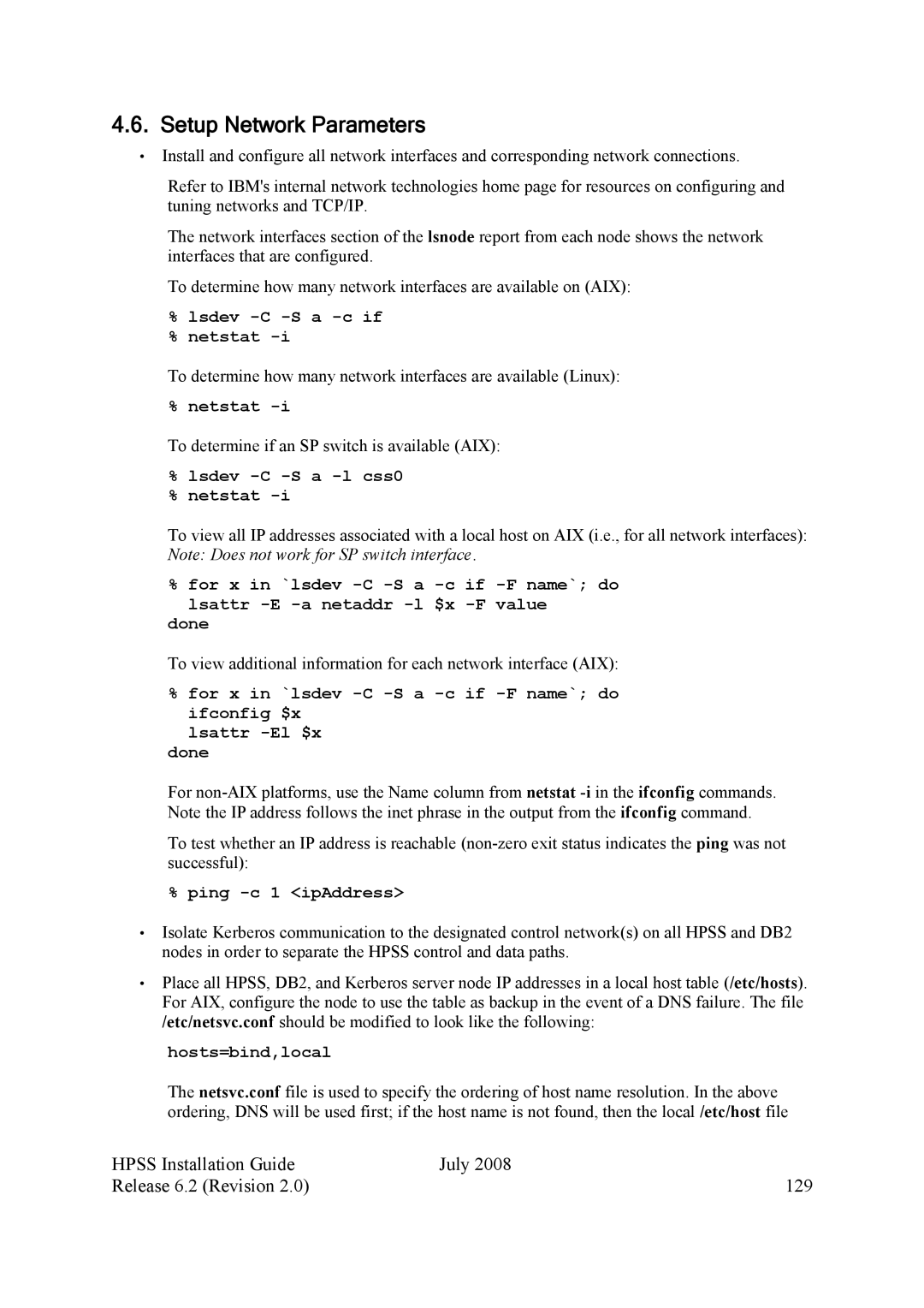 IBM HPSS manual Setup Network Parameters, Hpss Installation Guide July Release 6.2 Revision 129 