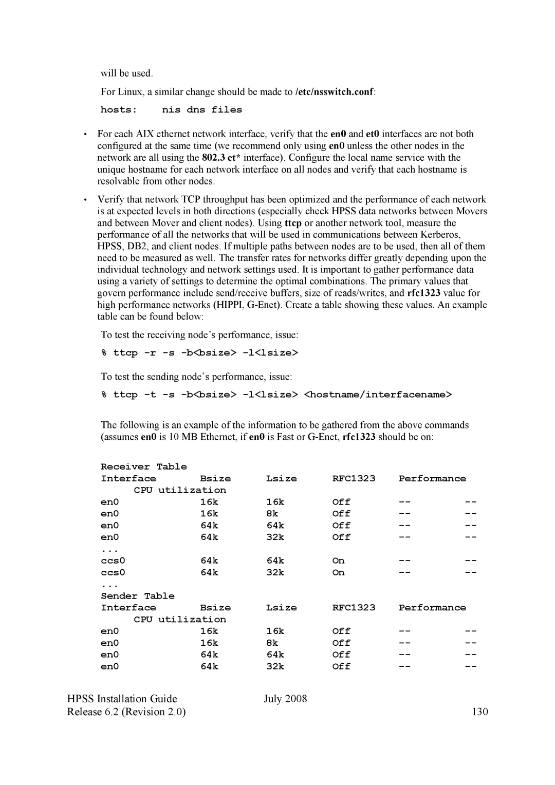 IBM HPSS manual Hpss Installation Guide July Release 6.2 Revision 130, Hosts nis dns files, Ttcp -r -s -bbsize -llsize 