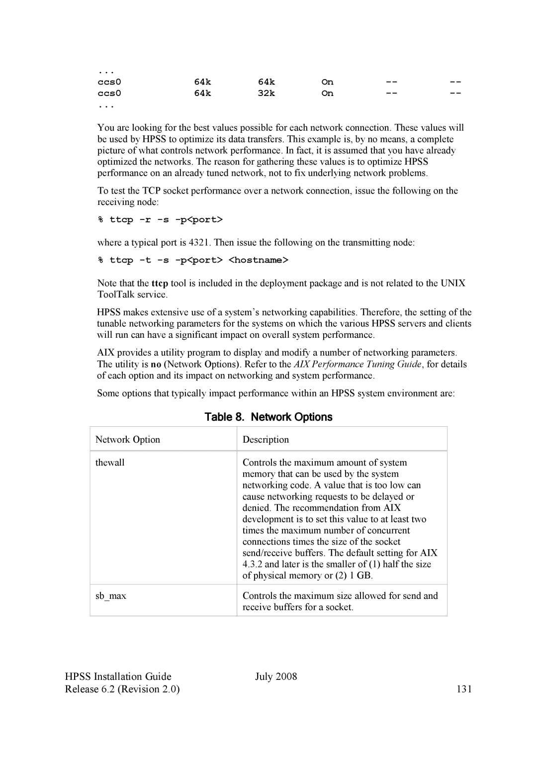 IBM HPSS manual Network Options, Hpss Installation Guide July Release 6.2 Revision 131, 64k Ccs0 32k, Ttcp -r -s -pport 