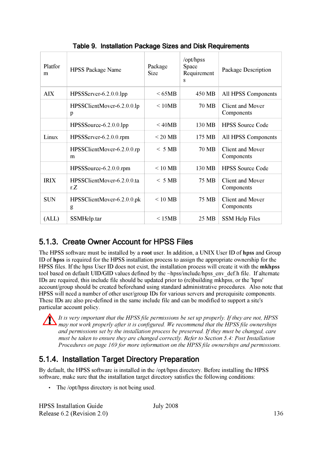 IBM HPSS manual Create Owner Account for Hpss Files, Installation Target Directory Preparation 