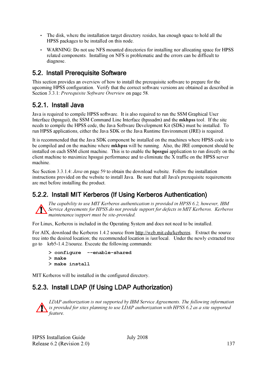 IBM HPSS manual Install Prerequisite Software, Install Java, Install MIT Kerberos If Using Kerberos Authentication 