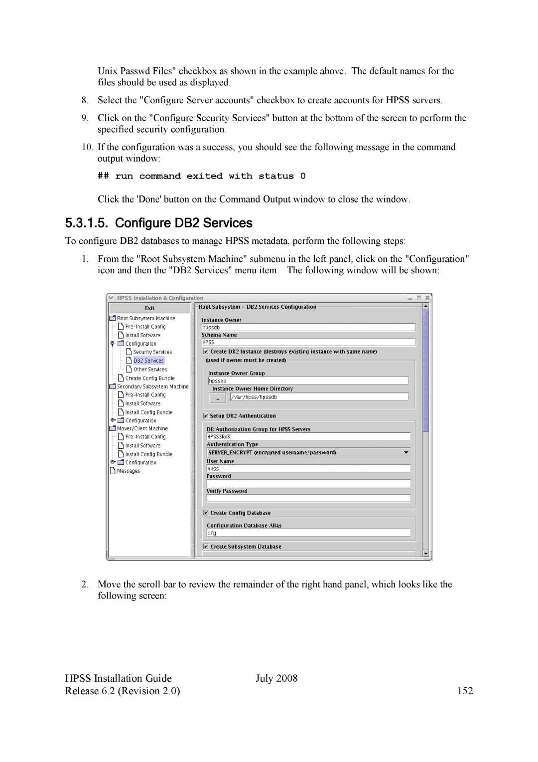 IBM HPSS manual Configure DB2 Services, Hpss Installation Guide July Release 6.2 Revision 152 