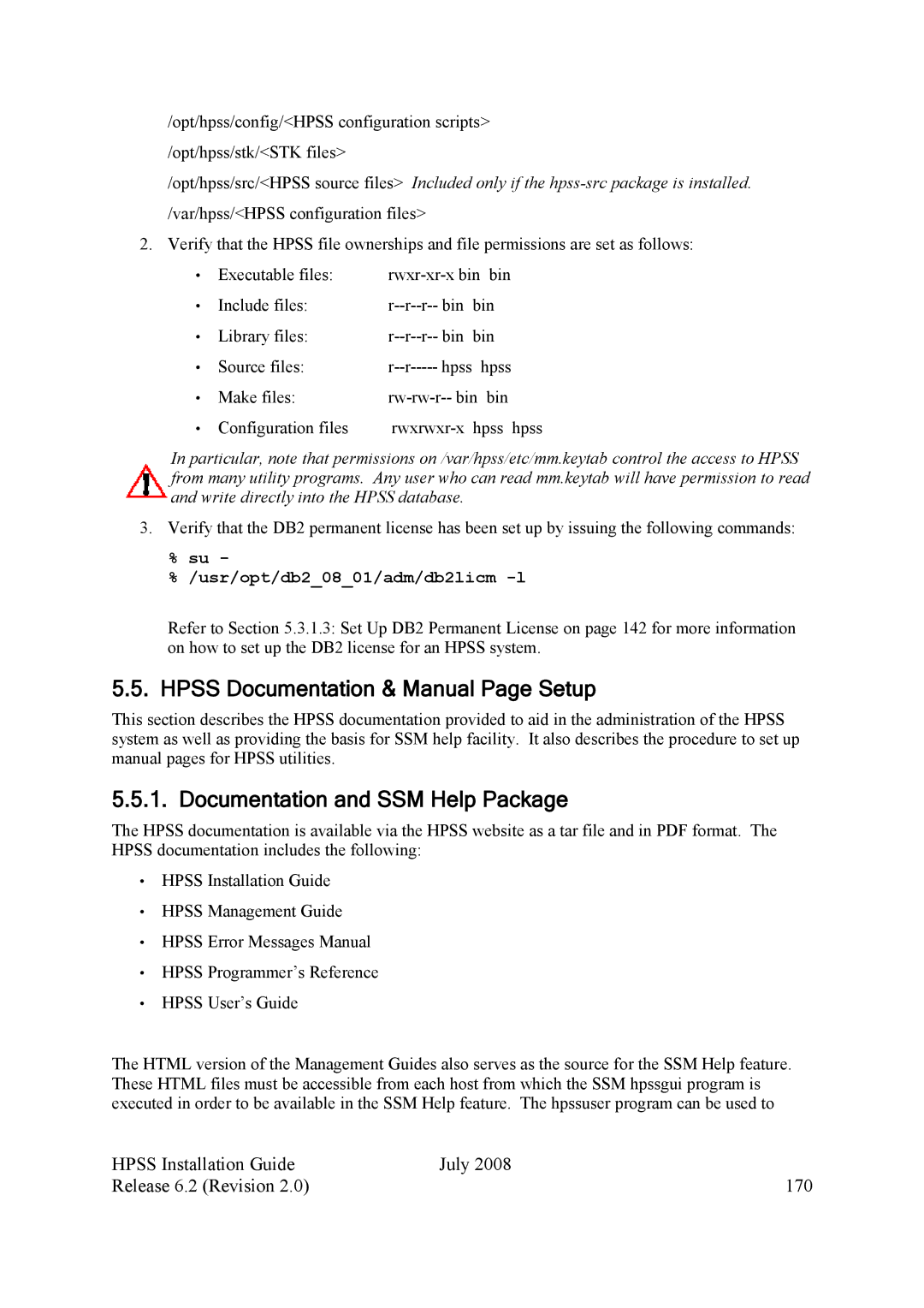 IBM HPSS manual Hpss Documentation & Manual Page Setup, Documentation and SSM Help Package, Usr/opt/db20801/adm/db2licm -l 