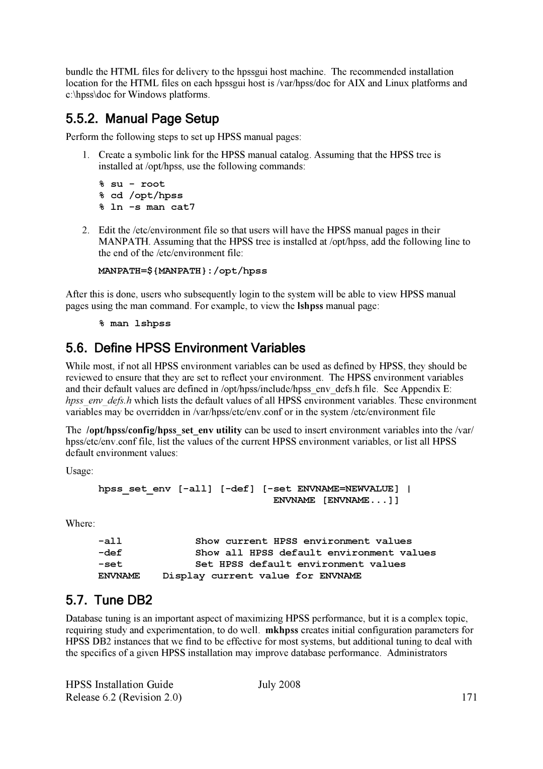 IBM HPSS manual Manual Page Setup, Define Hpss Environment Variables, Tune DB2 