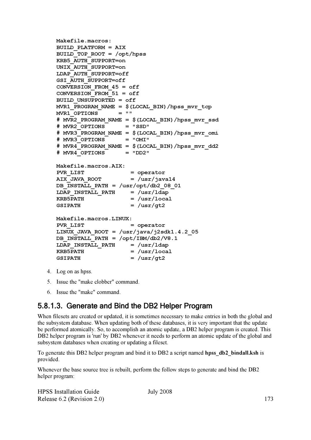 IBM HPSS manual Generate and Bind the DB2 Helper Program, Hpss Installation Guide July Release 6.2 Revision 173 