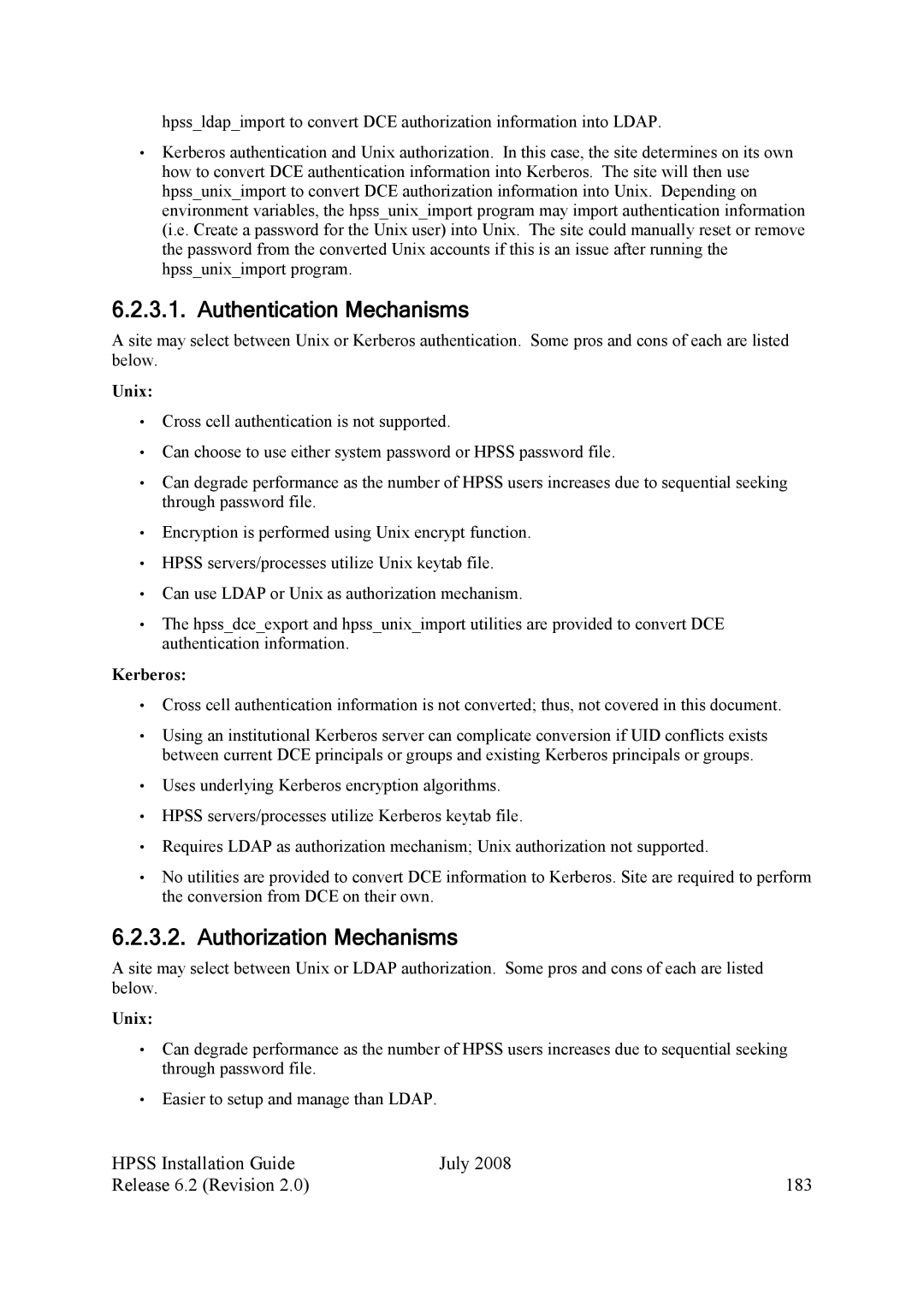 IBM HPSS Authentication Mechanisms, Authorization Mechanisms, Hpss Installation Guide July Release 6.2 Revision 183, Unix 