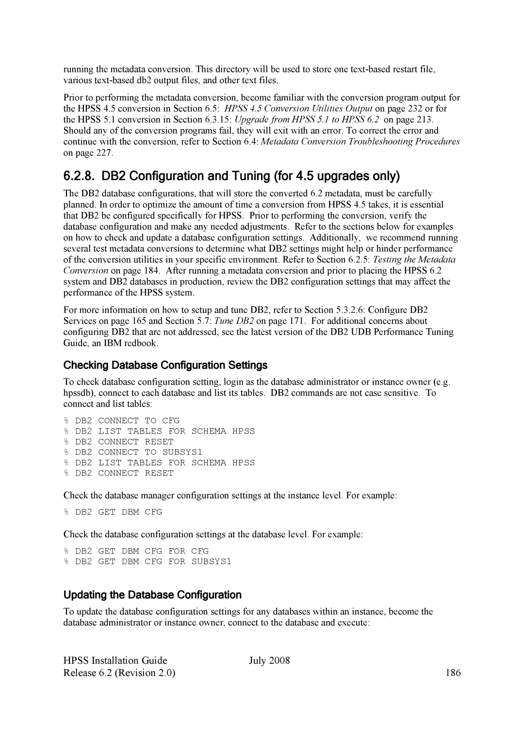 IBM HPSS manual 8. DB2 Configuration and Tuning for 4.5 upgrades only, Checking Database Configuration Settings 