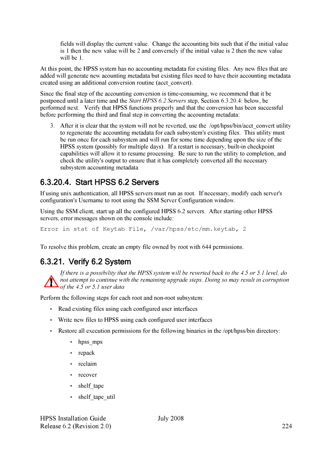 IBM HPSS manual Start Hpss 6.2 Servers, Verify 6.2 System, Hpss Installation Guide July Release 6.2 Revision 224 