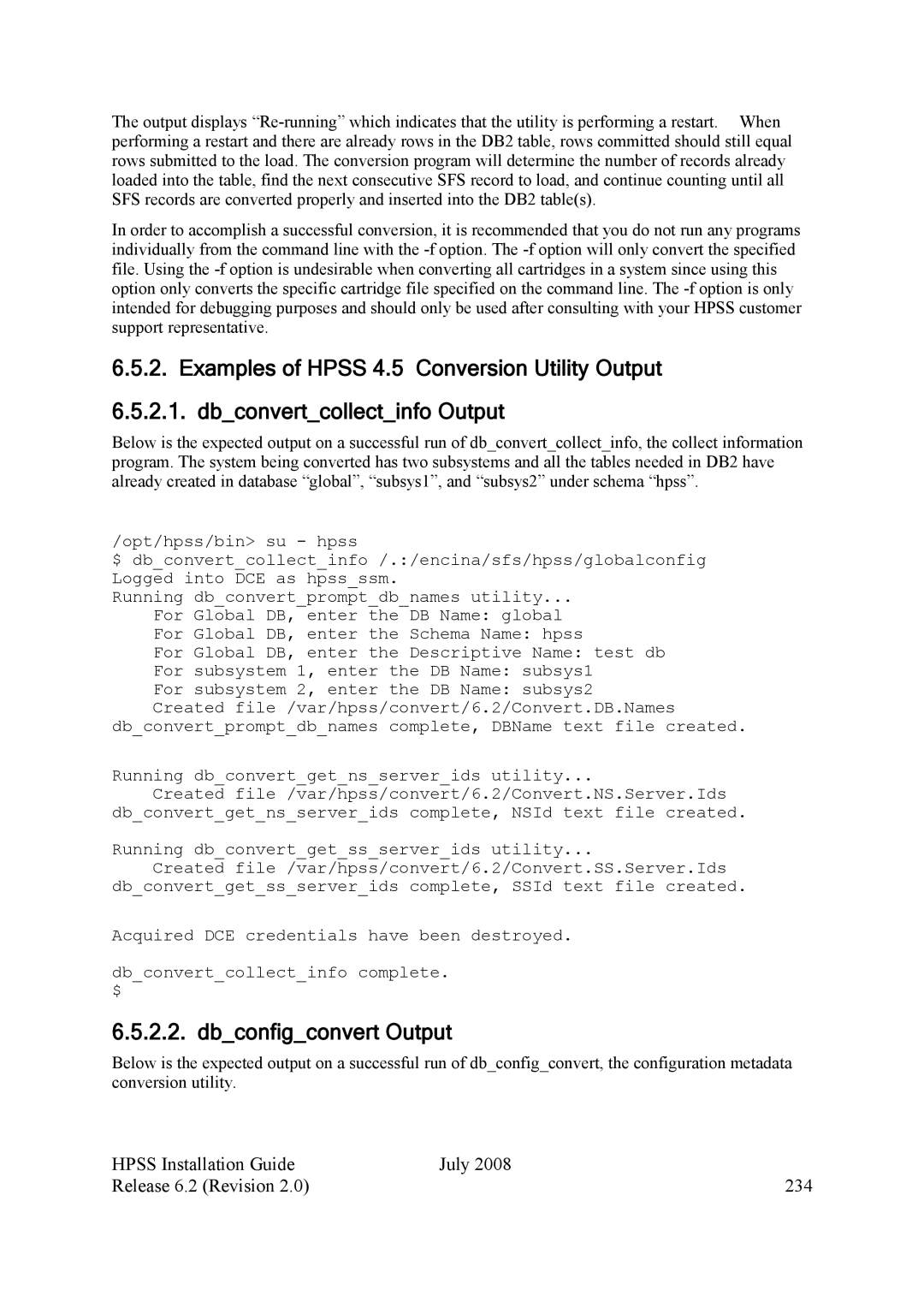 IBM HPSS manual Dbconfigconvert Output, Hpss Installation Guide July Release 6.2 Revision 234 