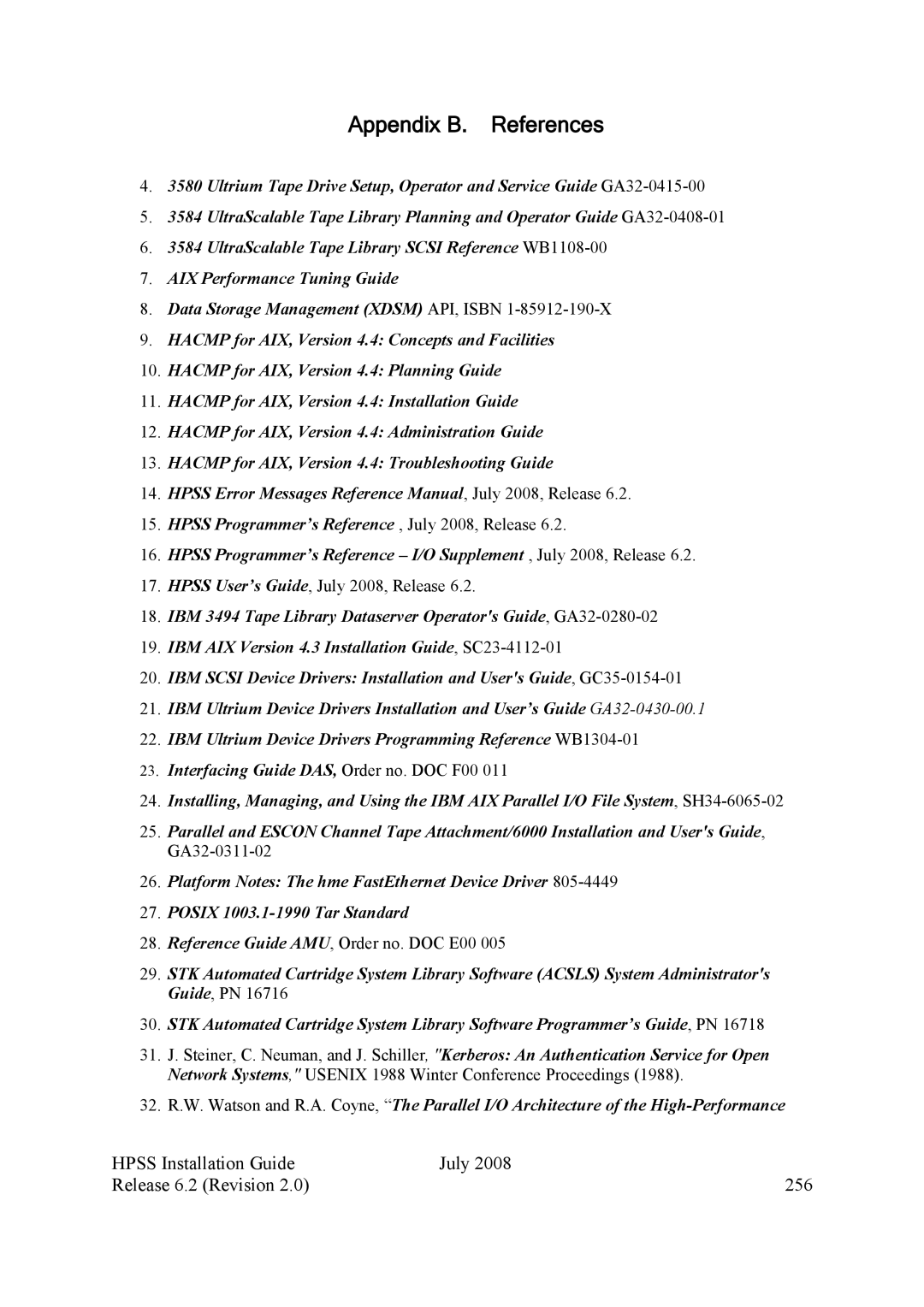 IBM HPSS manual Appendix B. References, Hpss Installation Guide July Release 6.2 Revision 256 