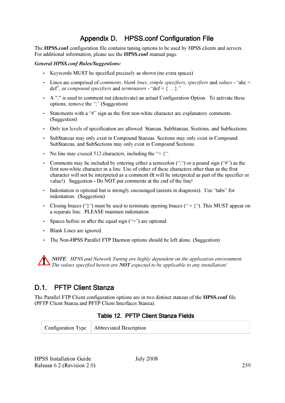 IBM manual Appendix D. HPSS.conf Configuration File, Pftp Client Stanza Fields 